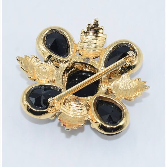 Y2K ST. JOHN Designer Black & Gold Cabochon Maltese Cross Crest Brooch Pin - Picture 4 of 6